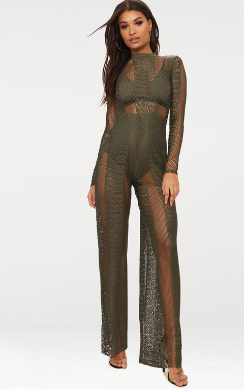 Khaki Lace High Neck Bra Insert Jumpsuit, Green