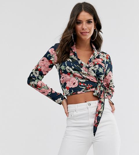 Missguided Tall - Camicia A Fiori Con Scollo Profondo Allacciata Sul Lato - Navy