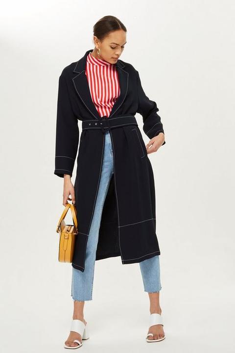 Womens Contrast Stitch Duster Coat - Navy Blue, Navy Blue