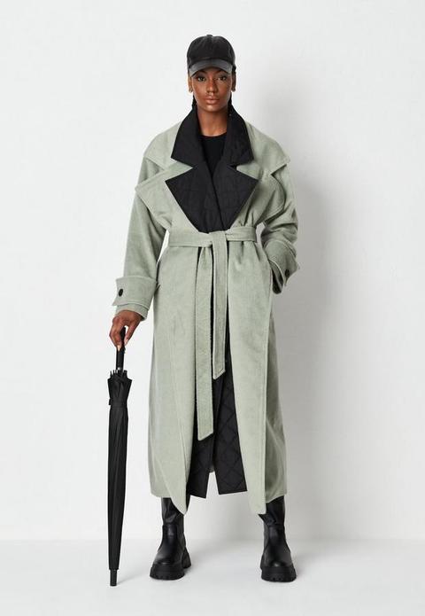 Tall Sage Quilted Longline Brushed Trench Coat, Green