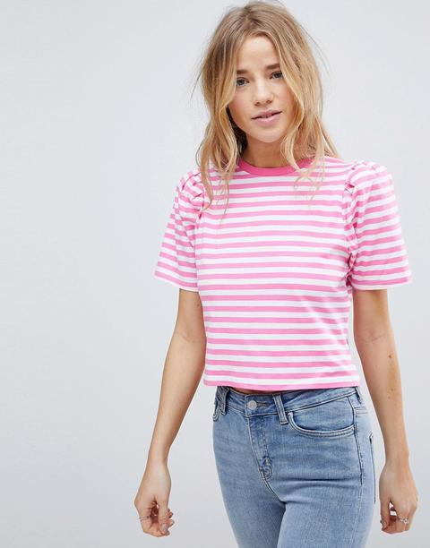 Asos - T-shirt A Righe Vivaci Con Maniche A Sbuffo - Rosa