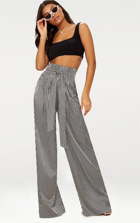 Monochrome Satin Stripe Paperbag Wide Leg Trousers