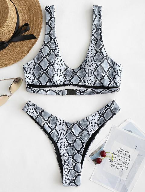 Zaful Snakeskin Animal Print Buckle Bikini Set