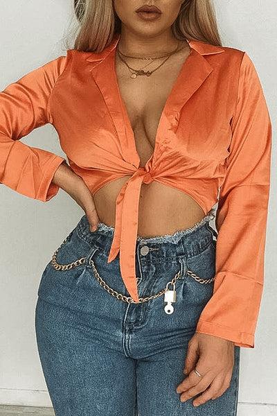 Orange Satin Cut Out Tie Front Bodysuit - Ezabella