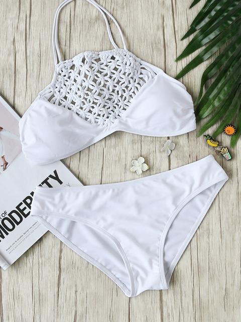 Sets De Bikini Halter Con Detalle De Croché - Blanco