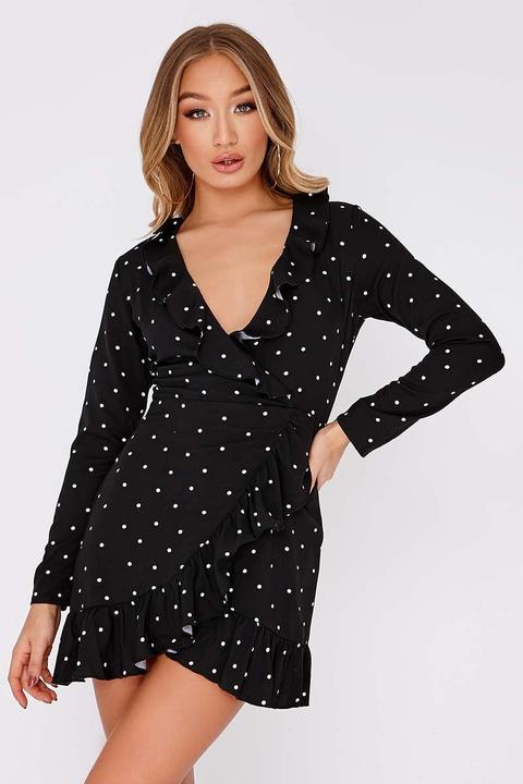 Black Dresses - Adali Black Polka Dot Long Sleeve Wrap Dress