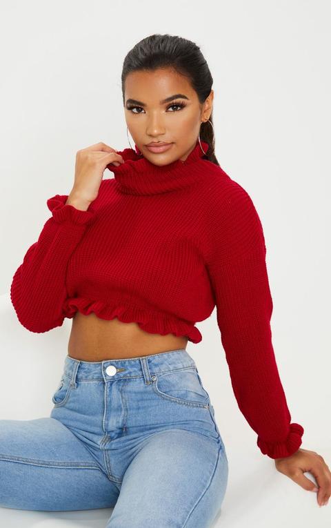 Red Knit High Neck Ruffle Trim Crop Jumper