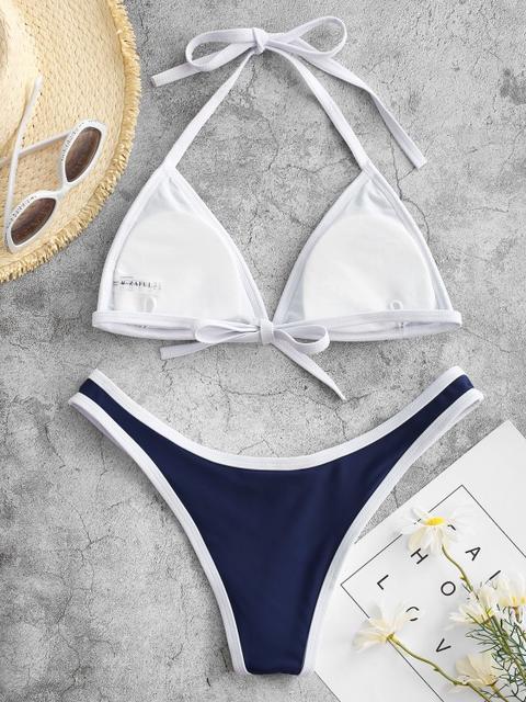 high cut contrast piping bikini set