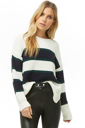 Forever 21 Ribbed Striped Sweater Cream/hunter Green