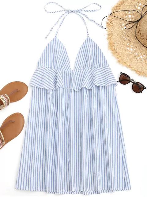 Vestido De Playa Con Volantes A Rayas Halter