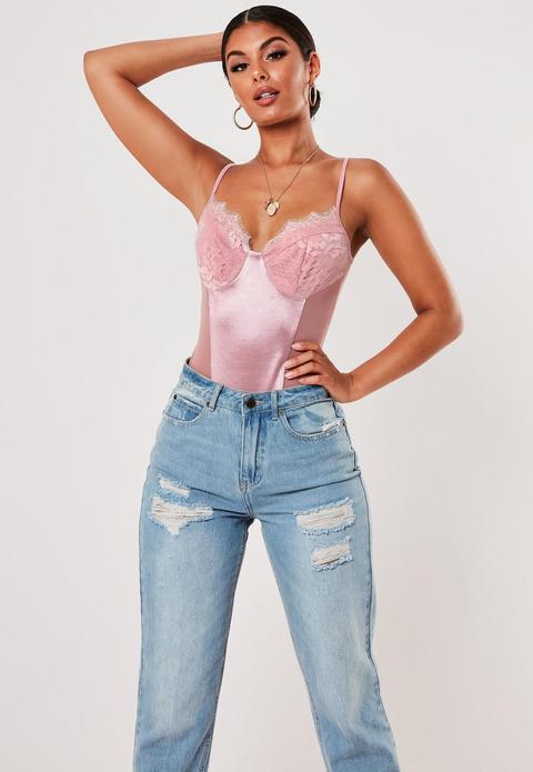 Pink Satin Panel Lace Cup Bodysuit