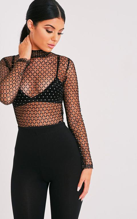 Parva Black Sheer Metallic Flock Bodysuit