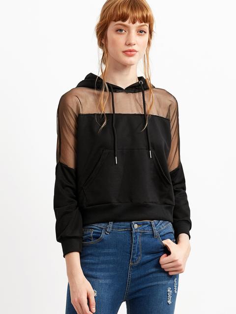 Black Hooded Sheer Mesh Insert Sweatshirt