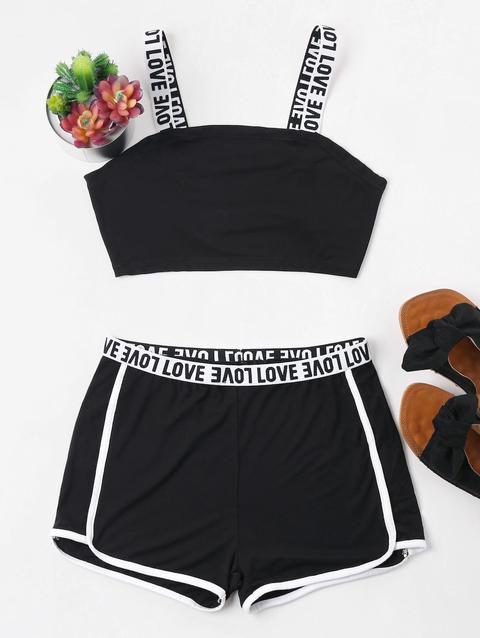 Top E Pantaloncini Con Bordi A Contrasto Stampati Lettere Black