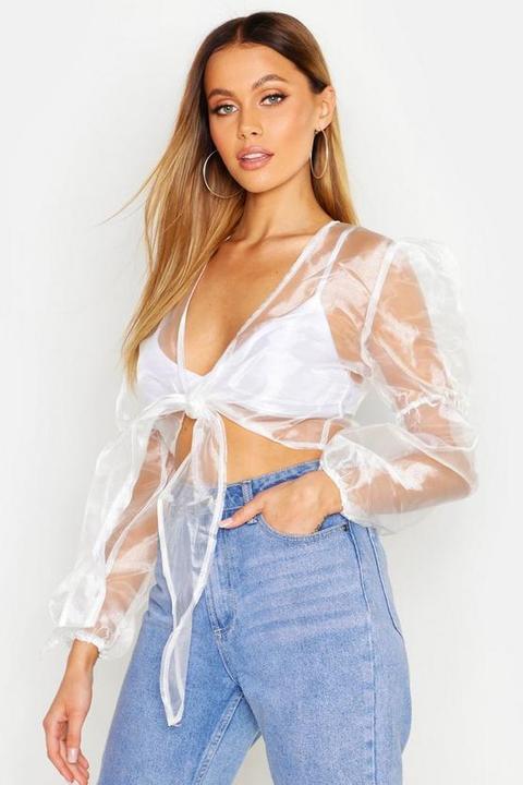 Womens Tie Front Organza Crop - White - M, White