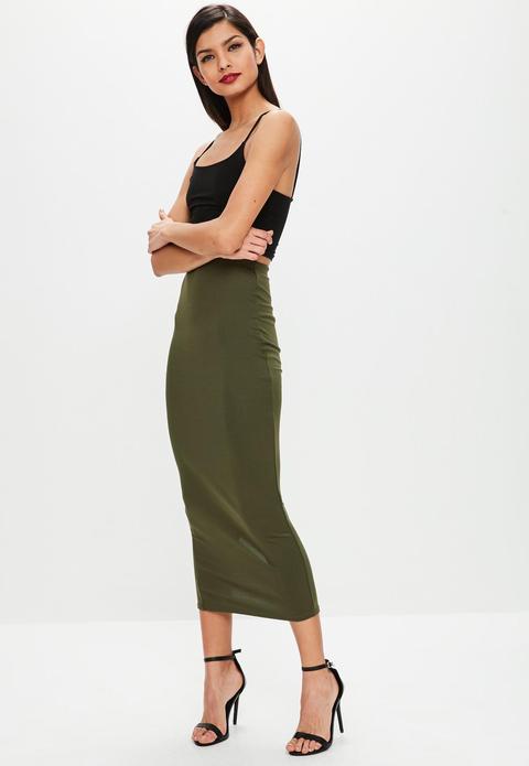 Khaki Bodycon Midi Skirt, Beige