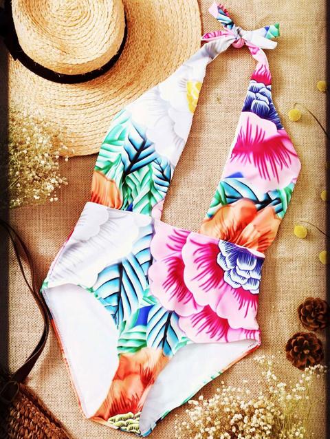 Cut Out Stampato Halter Di Un Pezzo Costumi Da Bagno Pink