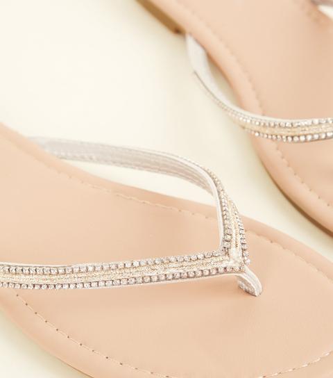 Wide Fit Silver Diamanté Strap Flip Flops New Look