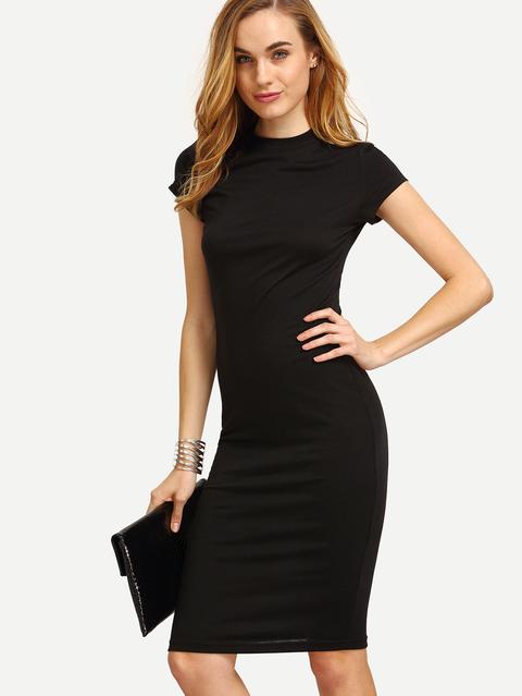 Black Cap Sleeve Crew Neck Sheath Dress