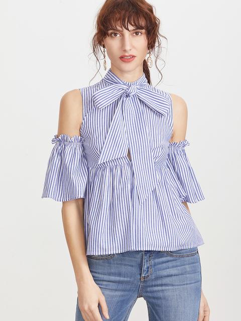 Blusa Babydoll A Rayas Con Hombros Al Aire - Azul