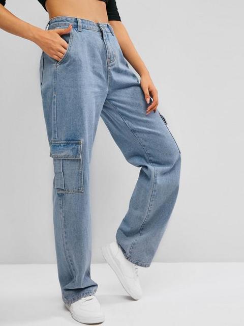 Boyish Pockets High Waisted Wide Leg Cargo Jeans Blue