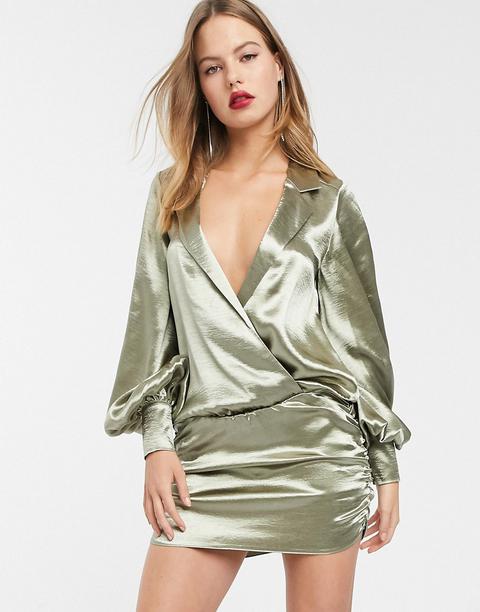 Asos Design Shirt Mini Dress In High Shine Satin-green