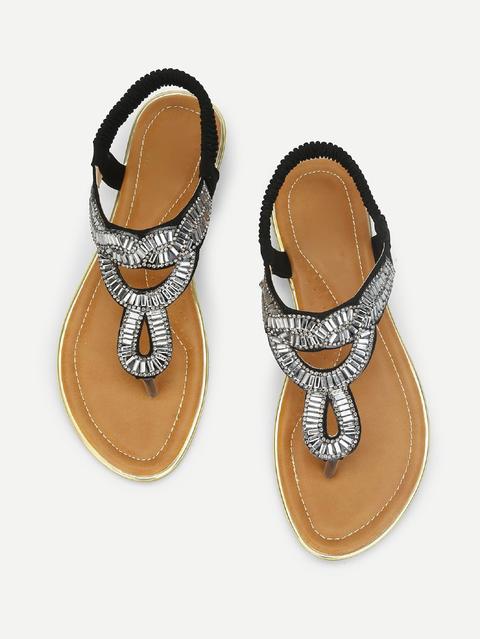 Rhinestone Decorated Elastic Sandals