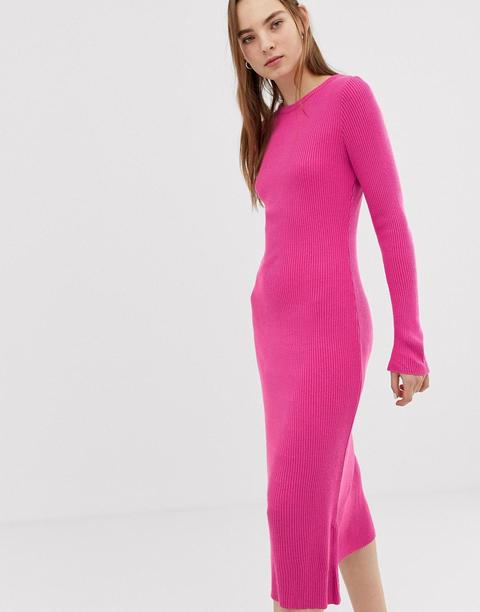 Asos Design - Vestito Midi Svasato In Maglia A Coste - Rosa