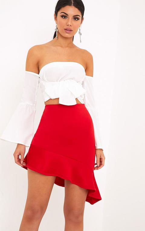 Alexandra White Tie Front Flare Bardot Crop Top