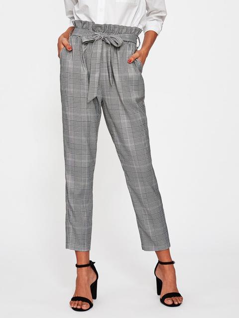 Ruffle Waist Self Belt Plaid Peg Pants