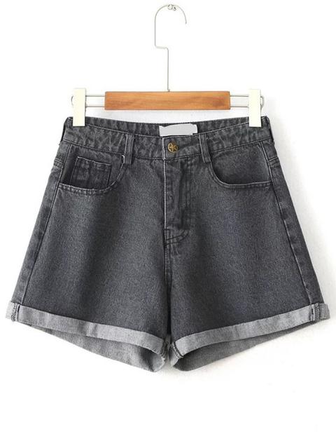 Black High Waist Rolled Hem Denim Shorts