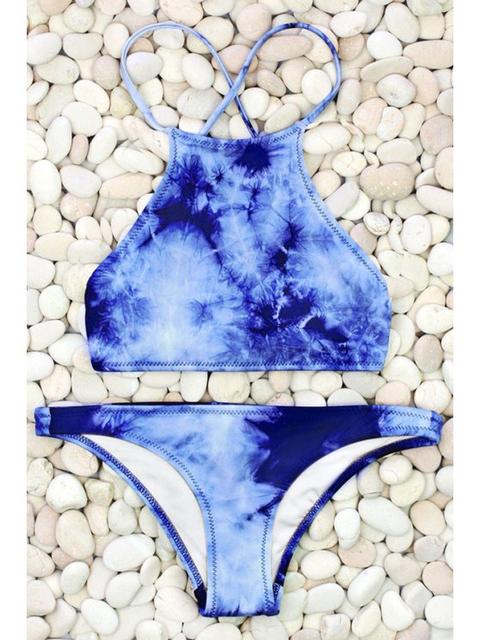 Women High-neck Blue Bikini Set