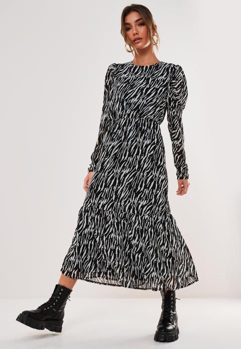 Robe À Smocks Mi-longue Noire À Imprimé Zèbre Et Manches Bouffantes