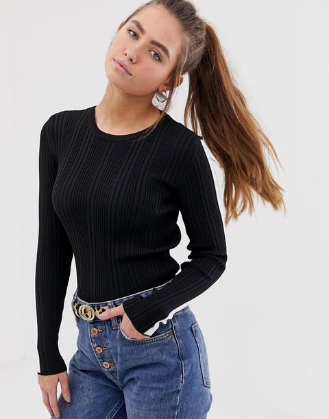 Bershka - Top In Maglia A Maniche Lunghe Nero Con Riga Laterale - Nero