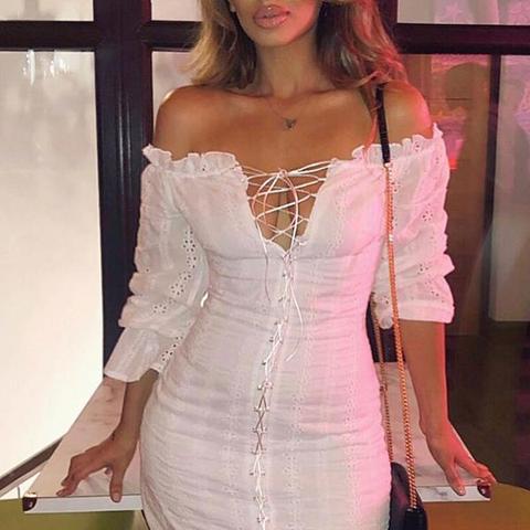 White Bardot Broderie Lace Long Sleeve Lace Up Detail Dress