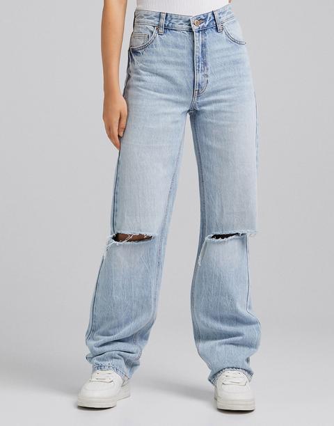 Bershka Dad Jean With Rip Detail In Bleached Wash-blue