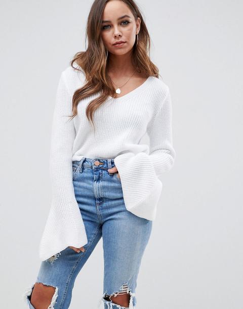 Asos Design V Neck Crop Jumper With Flared Sleeve