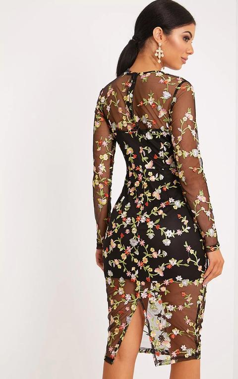 Ireenah Black Embroidered Floral Sheer Lace Midi Dress