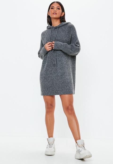 Grey Ribbed Knitted Hoodie Jumper Dress, Grey