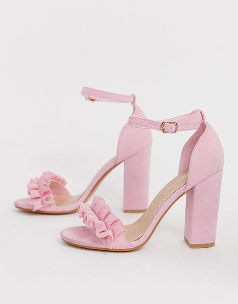 Prettylittlething - Sandali Con Tacco Largo E Volant Rosa - Rosa