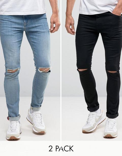 Asos - Confezione Da 2 Paia Di Jeans Super Skinny Neri E Blu Medio Con Strappi Alle Ginocchia - Risparmia - Multicolore