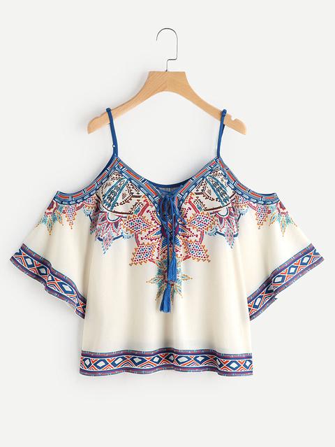 Aztec Print Cold Shoulder Lace Up Top