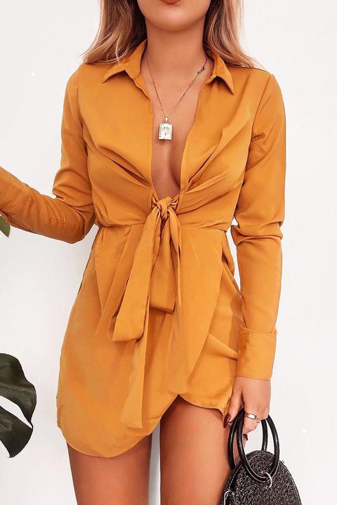 Mustard Tie Front Plunge Wrap Shirt Dress - Bexlee