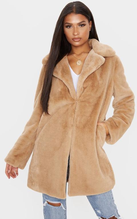 Beige Faux Fur Midi Collar Coat