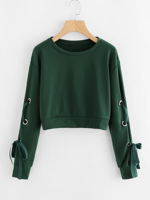 Eyelet Lace Up Sleeve Crop Sweatshirt