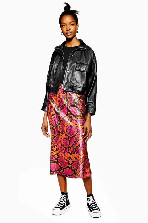 Womens Snake Satin Bias Midi Skirt - Hot Pink, Hot Pink