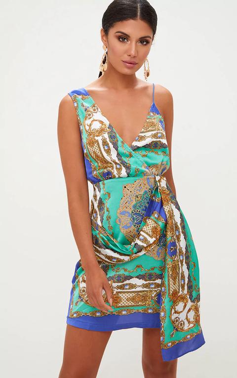 Cobalt Satin Scarf Print Wrap Print Bodycon Dress, Blue