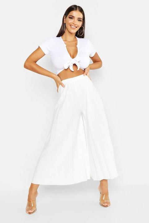 Womens High Waist Pleated Wide Leg Culottes - White - 10, White