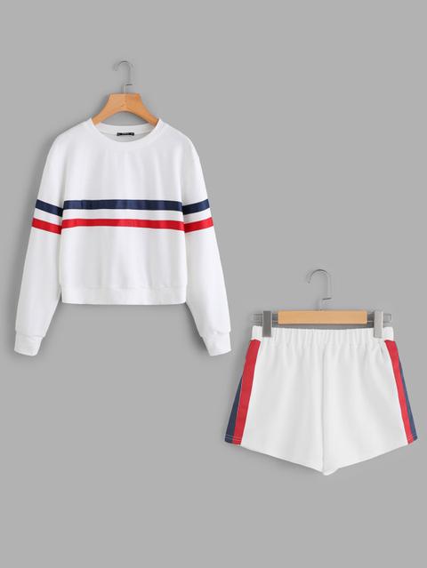 Striped Tape Applique Pullover And Shorts Set