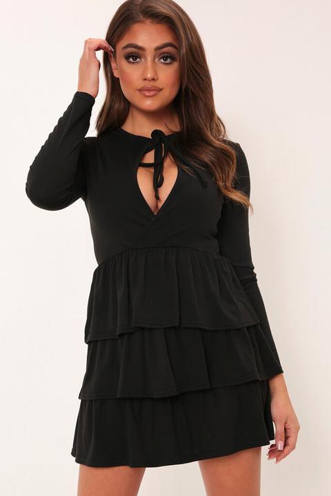 Black Ruffle Hem Long Sleeve Dress